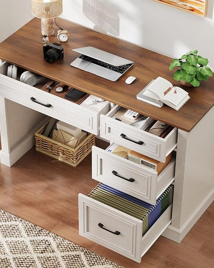Vabches Farmhouse 47" Executive Desk with File Drawer, Computer Desk with 4 Drawers, Workstation for Study, Home Office, Writing, Unique White.