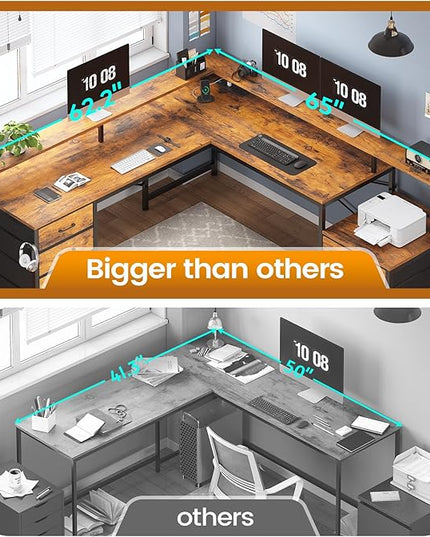 SEDETA L Shaped Desk with 6 Drawer, 108" Home Office Desk with File Drawer & Power Outlet, Corner Computer Desk with Monitor Shelf, Two Person Desk, Gaming Desk with Led Lights, Rustic Brown
