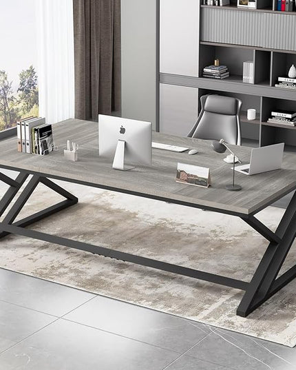 HSH 70.8 Modern Office Desk, Large Long Wood Metal Computer Desk, Industrial Double Executive Desks for Two People, Rustic PC Workstation Work Study Writing Computer Table for Home, Light Grey Oak