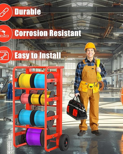 Tredre Red Wire Spool Rack with Wheels, Heavy Duty Cable Holder with 11 Rods – Mobile Multi-Spool Wire Rack Dispenser with Wheels and Storage Box for Efficient Workplace Cable Management
