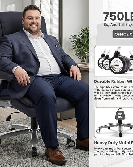 750lbs Heavy Duty Desk Chair with 3D Kneading Massage, Big and Tall Office Chairs with Ergonomic Support, 4D Armrests, 5 Quiet Dual Rubber Wheel, Thick Spring Cushion(Black-Fabric)
