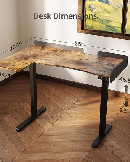 Claiks L Shaped Standing Desk, 55 Inch Electric Height Adjustable Desk Left Facing Corner Workstation with Splice Board, Rustic Brown