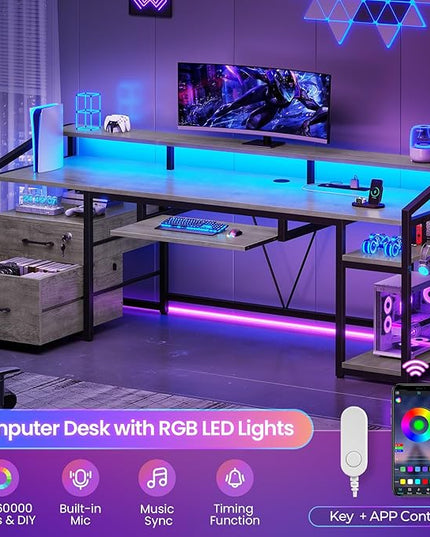 SEDETA 63" Computer Desk, Office Desk with Lockable Drawers for Legal/Letter File, Gaming Desk with LED Lights & Power Outlet, Home Office Desks with Storage, Grey