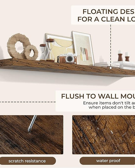 RICHFOCUS 72Inch Floating Shelves for Wall 2 Pack Shelves for Bedroom|Kitchen|Bathroom Wall Mounted Rustic Wood Floating Shelf with Invisible Brackets for Books|Storage|Decor, Rustic Brown