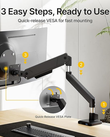 monTEK Single Monitor Arm with USB for Max 45 Inch Ultrawide Screens Adjustable Monitor Desk Mount Holds 35 Lbs Cable Management with C Clamp/Grommet Desk Mount, VESA 75/100mm, MA1007UCBK