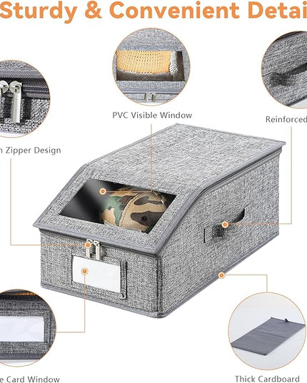 Linen Hat Organizer for Baseball Caps, Hat Storage for Closet with Clear Window, Breathable Fabric Cap Box for Snacks, Socks, Stackable Hat Storage Organizer for Men/Women(4 Pack,Grey)