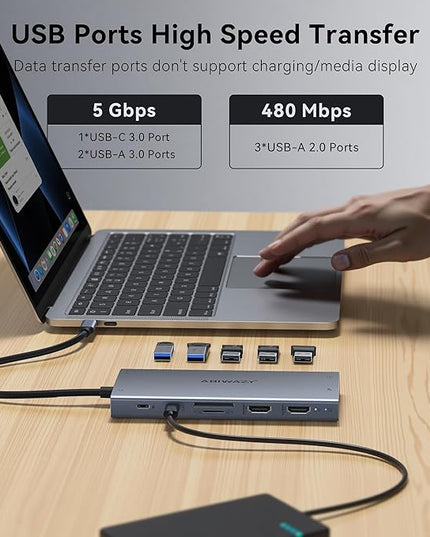 USB C Laptop Docking Station Dual Monitor for Dell XPS/HP/Lenovo/Surface, 15 in 1 USB C Hub 3 Monitor Adapter Dock with 8K DisplayPort, 2 HDMI 4K@60Hz, 6 USB A/C, 100W PD, Ethernet, SD/MicroSD