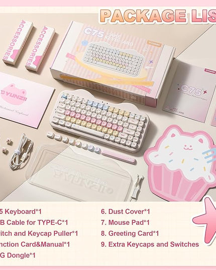 YUNZII C75 Wireless Mechanical Keyboard,75% Layout, Hot-Swappable NKRO,BT5.0/2.4G/USB-C Mode,Dye-Sub PBT MOA Keycaps,RGB Gasket Mount,Cute Cake Design for Mac/Win/Gaming (Beige, Milk V2 Switch)