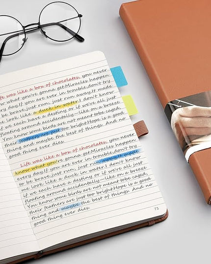 EMSHOI Lined Journal Notebook, 120 gsm Leather Hardcover with Sticky Notes & 256 Numbered A5 Pages – College Ruled Notebook for Writing, Work, School, Men, Women | 5.75”x8.38” – Brown
