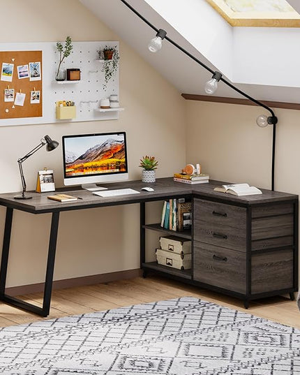 Tribesigns L-Shaped Desk with 3 Drawers, Reversible Corner Home Office Computer Desk with Shelves, 53-Inch Industrial PC Desk Study Writing Table Workstation for Small Space, Grey