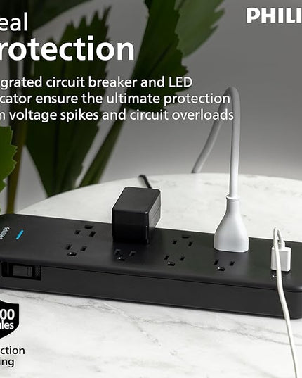 Philips 9-Outlet Surge Protector with USB Charging, 6ft Braided Extension Cord, 1USB-A, 1USB-C, 2400J, Adapter Spaced, Black - SPP3983B/37