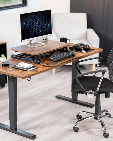VIVO 26 inch Desk Converter, K Series, Height Adjustable Sit to Stand Riser, Dual Monitor and Laptop Workstation with Keyboard Tray, Rustic Vintage Brown Top, Black Frame, DESK-V026KN