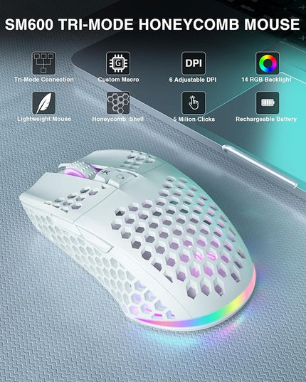 SOLAKAKA SM600 White Wireless Gaming Mouse,Tri-Modes BT5.1/Type-C Wired/2.4G Wireless Mouse with 2 Side Buttons, Programmable Macro Gamer Mouse with RGB Light for Laptop/PC/Mac