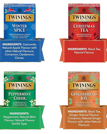 Twinings Holiday Variety Pack Tea Bags, Christmas Tea, Winter Spice, Gingerbread Joy, Peppermint Cheer, 20 Count (Pack of 4), Enjoy Hot or Iced, 80 Teabags