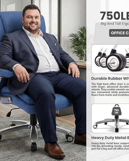 750lbs Heavy Duty Desk Chair with 3D Kneading Massage, Big and Tall Office Chairs with Ergonomic Support, 4D Armrests, 5 Quiet Dual Rubber Wheel, Thick Pocket Spring Cushion(Blue, Fabric)