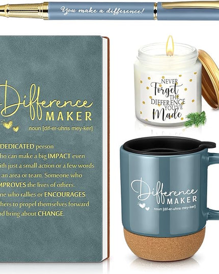 4 Pcs Difference Maker Gift for Women Men Teacher Employee Appreciation Gift for Coworker Staff Coach Difference Maker Mug Notebook Scented Candle Motivational Ballpoint Pen for Valentines(Dark Blue)