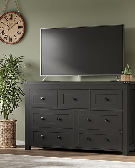 BORNOON 7-Drawer Dresser, Modern Wooden Storage Chest of Drawers, Dresser TV Stand, Wood Drawer Organizer with Metal Handles for Bedroom, Living Room, Hallway
