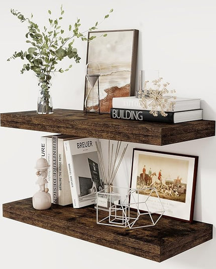 30 Inch Floating Shelves, 12 Inch Deep Floating Shelf for Wall, Rustic Deep Shelves for Books, Bathroom, Living Room, Kitchen, 30 x 12 x 2 Wood Floating Shelves, Rustic Brown Color, Set of 2