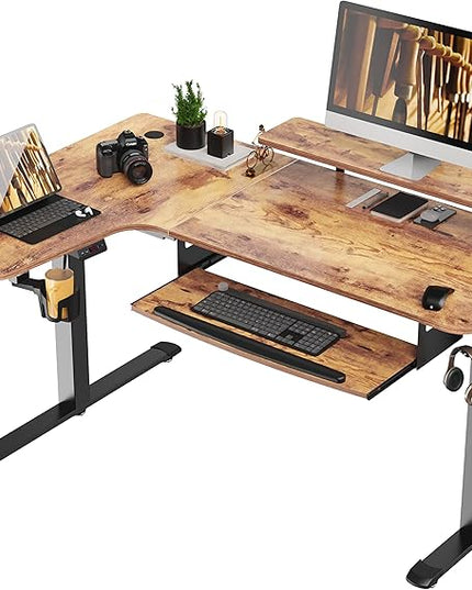 EUREKA ERGONOMIC Standing Desk with Keyboard Tray, Computer Desk, 61" L Shaped Electric Adjustable Height Desk w Monitor Stand LED, Corner Sit Stand Desk Gaming Desk, Dual Motor,Left/Rustic Brown