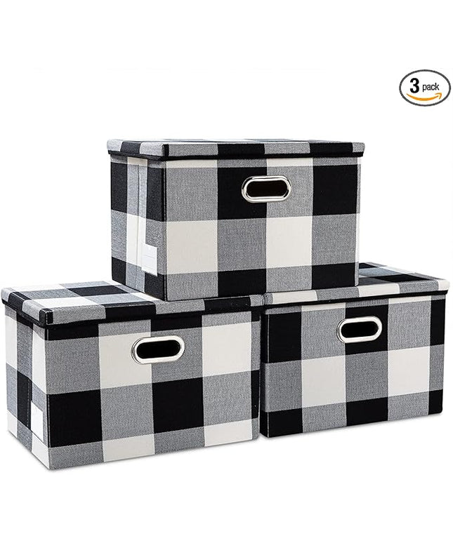 PRANDOM Large Collapsible Storage Bins with Lids [3-Pack] Fabric Foldable Storage Boxes Organizer Containers Baskets Cube with Cover for Home Bedroom Closet Office Black and White (17.7x11.8x11.8)
