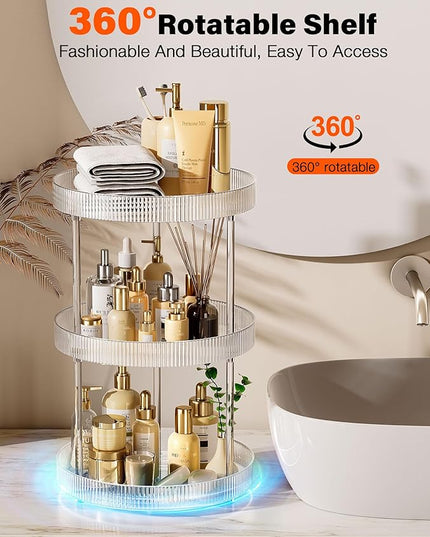 3 Tier Lazy Susan Bathroom Countertop Organizer, 360° Clear Rotating Makeup Cosmetic Perfume Storage Tray, Spinning Vanity Organizer Shelf for Bathroom Cabinet, Dresser, Kitchen(Large)