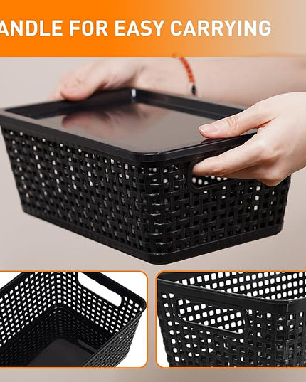 Plastic Storage Baskets With Lid, Storage Bins for Organizing, Stackable Decorative Containers for Shelves Drawers Desktop Closet Playroom Classroom Office,10 Pack-Black
