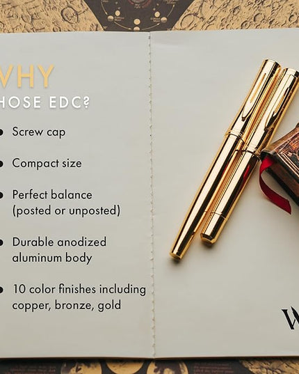 Wordsworth and Black Fountain Pen Mini EDC: Luxury Gold Heavy Pocket Pen, Gold Finish, Medium Nib, 6 Ink Cartridges, Ink Converter, Travel Refillable Writing Pen Gift Set, Men & Women