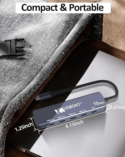 VEMONT 10Gbps USB C Hub - 4 USB-C Data Ports and 100W PD Charging for MacBook, iPhone, iPad, XPS, Surface Pro and More