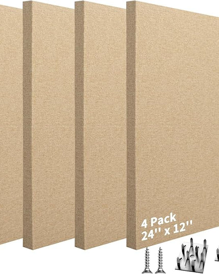 Art3dwallpanels 4 PCS Acoustic Panels, 24''x12'' Fabric Soundproof Wall Panels, Easy-Hook Mounting Sound Absorbing Panels for Studios, Office, Home Theater, Camel