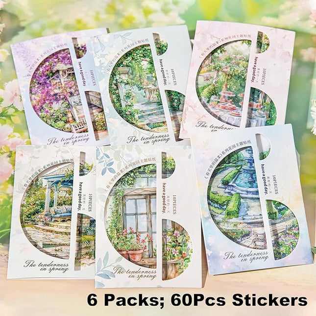 AuriicLeaf Cottagecore Garden PET Sticker Set, 60PCS Aesthetic Landscape Stickers for Scrapbooking, Journaling, DIY Crafts, and Art Supplies