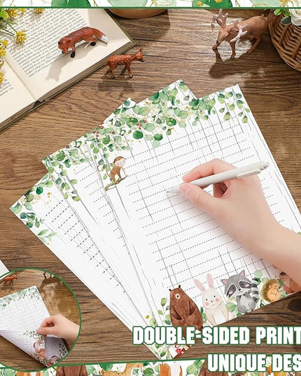 TaoBary 160 Pcs Stationery Paper Set 50 Double Sided Stationery Papers with 50 Matching Envelopes and 60 Round Dot Sticker, 10 Design(Woodland Animal,8.5 x 11 Inch)