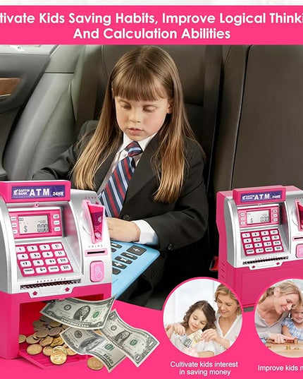 ATM Piggy Bank with Card and Password, Electronic Savings Bank Machine for Real Money, Mini ATM Coin and Cash Deposit Box with Target Setting, Clock and Sound – Pink Dollar Edition
