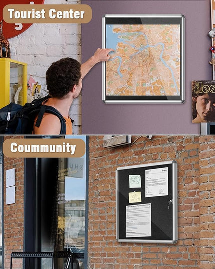 Mifuro 28"x26" Enclosed Bulletin Board, Lockable Weather-Resistant Aluminum Cork Noticeboard for School & Office, Silver Frame w/Black Flet