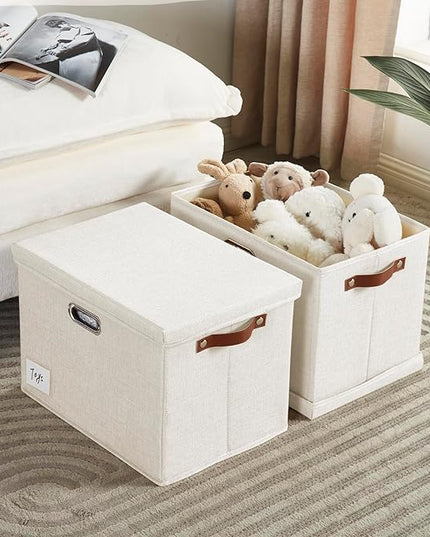 17" Large Collapsible Storage Bins with Lids, Stackable Closet Organizers with PU Handle and Labels, 3-Pack Decorative Fabric Storage Boxes for Home, Bedroom, Closet, Office, Nursery(White)