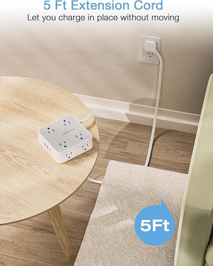 TESSAN Surge Protector Power Strip, 5 Ft Flat Plug Extension Cord with 3 USB (1 USB C) 8 Outlets, 1250W, 900J Protection, 3 Sided Outlet Extender with Power Switch for Office, Dorm Room Essentials