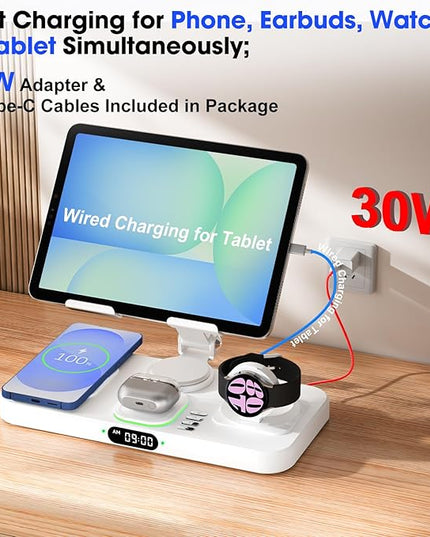30W Tablet Wireless Charger for Samsung, Foldable Android Charging Station with Clock Display with 7-Color Light, Wireless Watch Charger for S25, Only Compatible Samsung Watch, Galaxy Buds3 Pro(White