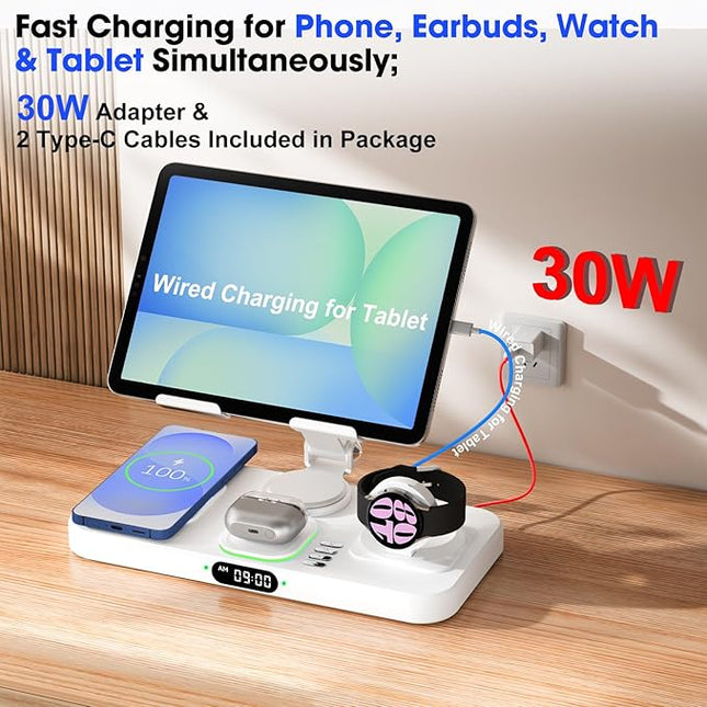 30W Tablet Wireless Charger for Samsung, Foldable Android Charging Station with Clock Display with 7-Color Light, Wireless Watch Charger for S25, Only Compatible Samsung Watch, Galaxy Buds3 Pro(White