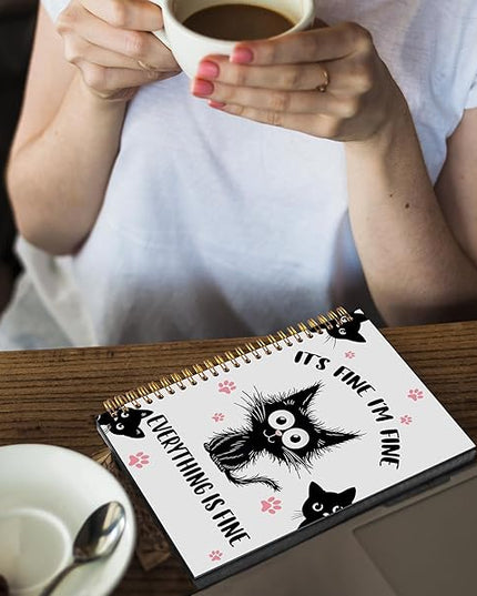 Funny Black Cat Spiral Notebook Journal 5.5x8.3, It's Fine I'm Fine Humorous Journal for Women, Cat Office Supplies, Funny Gifts for Coworker Women Journals Notebooks