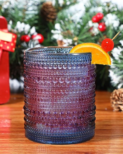 Hobnail Drinking Glasses Set of 6,12oz Blue Vintage Glassware,Cocktail Glasses,Embossed Glass Cups,Water Tumbler for Whiskey, Juice and Various Mixed Drinks