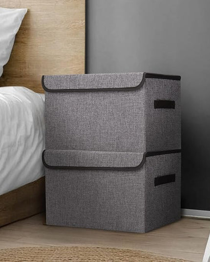 Large 42 Quarts Fabric Storage Bins with Lids [2-Pack] Linen Collapsible Foldable Storage Cubes, Closet Organizer Containers boxes with Handles for Home Office (16.7 x 12 x 12, Gray)