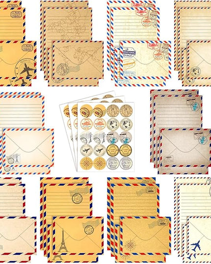 TaoBary 160 Pcs Stationery Paper Set 50 Double Sided Stationery Papers with 50 Matching Envelopes and 60 Round Dot Sticker, 10 Design(Vintage Airmail,5.5 x 8.25 Inch)
