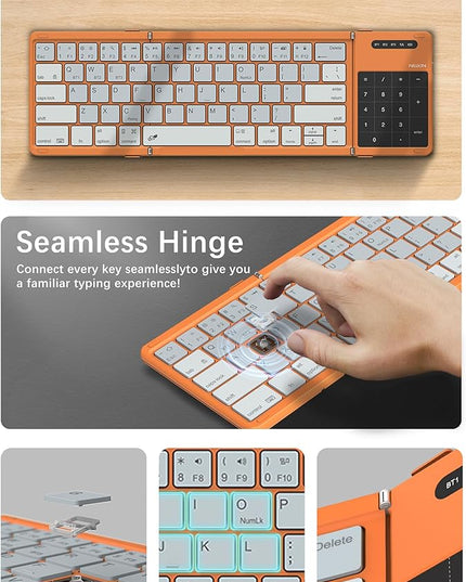 Nillkin Upgraded Foldable Bluetooth Keyboard with Touchpad & Number Pad, Portable Wireless Keyboard for Travel, Pocket-Sized, Full Size Keys, Support 3 Devices for iPad Laptop Tablets Phone, Orange