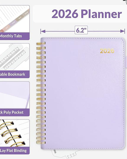 SUNEE 2026 Weekly & Monthly Planner 6.4"x8.5"- 12 Month (January 2026 - December 2026), Vegan Leather Cover, Pocket, Bookmark, Notes, Monthly Tab, Purple