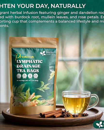 FreshDrinkUS, Lymphatic Drainage Tea | 30 Tea Bags | Herbal Tea Bags with Ginger, Dandelion Root, Burdock Root, Mullein, Calendula, Lemongrass, Rose, Licorice & Tulsi – Caffeine-Free Herbal Blend