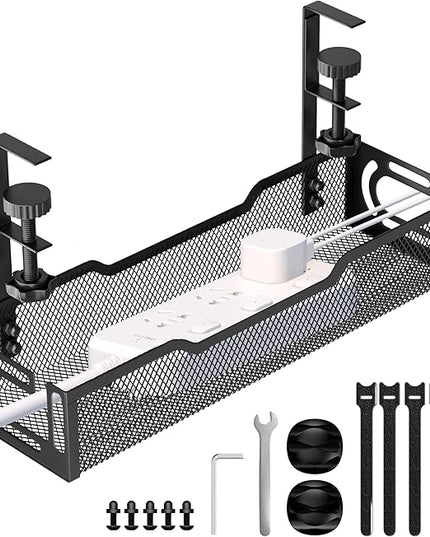 Under Desk Cable Management Tray, No Drill Mesh Desk Cable Tray, Wire Management Tray Cable Management Rack, Wire Organizer and Cable Management Box (Black)