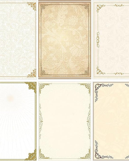 Supervitae 120 Vintage Stationery Paper, 8. 27 x 5. 51 Inch Double Sided Printing Antique Gold Border Elegant Retro Decorative Letter Sheets for Love Letter Party Invitations, 6 Designs