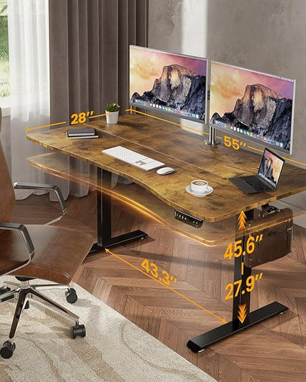 Veken 55 x 28 Inch Electric Standing Desk, Sit to Stand Up, Work Home Office Computer Table for Study, Walking Pad, Writing, and Games, Wooden Desktop Desks, Brown