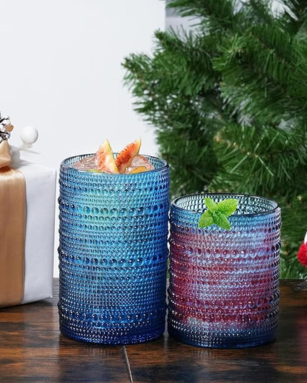 Large Hobnail Drinking Glasses Set of 6,15oz Blue Vintage Glassware,Embossed Glass Cups,Water Tumbler,Highball Glasses For Beer, Juice And Various Mixed Drinks