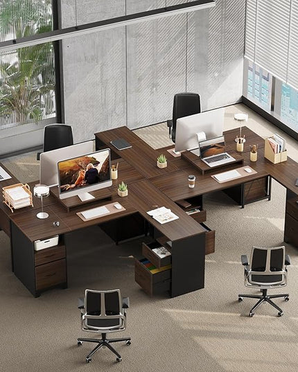 Bestier L Shaped Desk with 4 Drawers, 63" x 47" Executive Desk with Open Storage & Monitor Stand, Corner Desk with 2 File Drawers & Modesty Panel for Home Office, Cherry