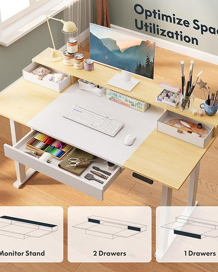 SANODESK Electric Standing Desk with Drawers, 63 x 32 inch Height Adjustable Computer Desk, Home Office Stand Up Desk with 3 Preset Heights, White